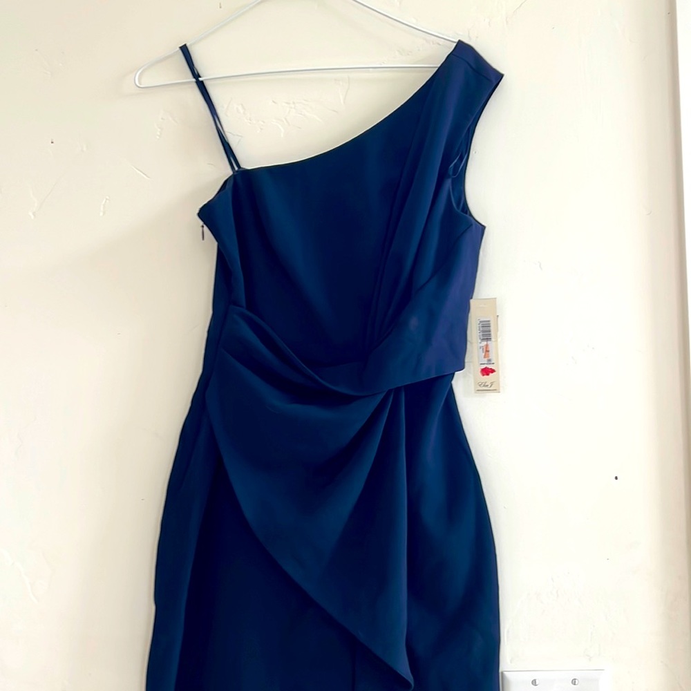 Eliza J size 2 navy long one shoulder gown. Cross front detail.